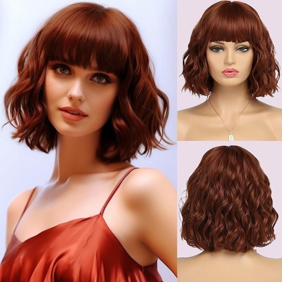 12 Inche Women Synthetic Short Auburn Dark Ginger Bob Water Wave Bang Brown Wig - Picture 1 of 7